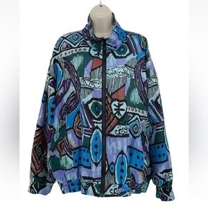 Bogari Woman's Sz XL Vintage Blue Purple Silk Bomber Jacket Windbreaker